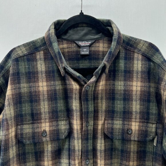 Woolrich Plaid Flannel Shirt Mens L Button Down Long Sleeve Outdoor Brown Green - Picture 10 of 11
